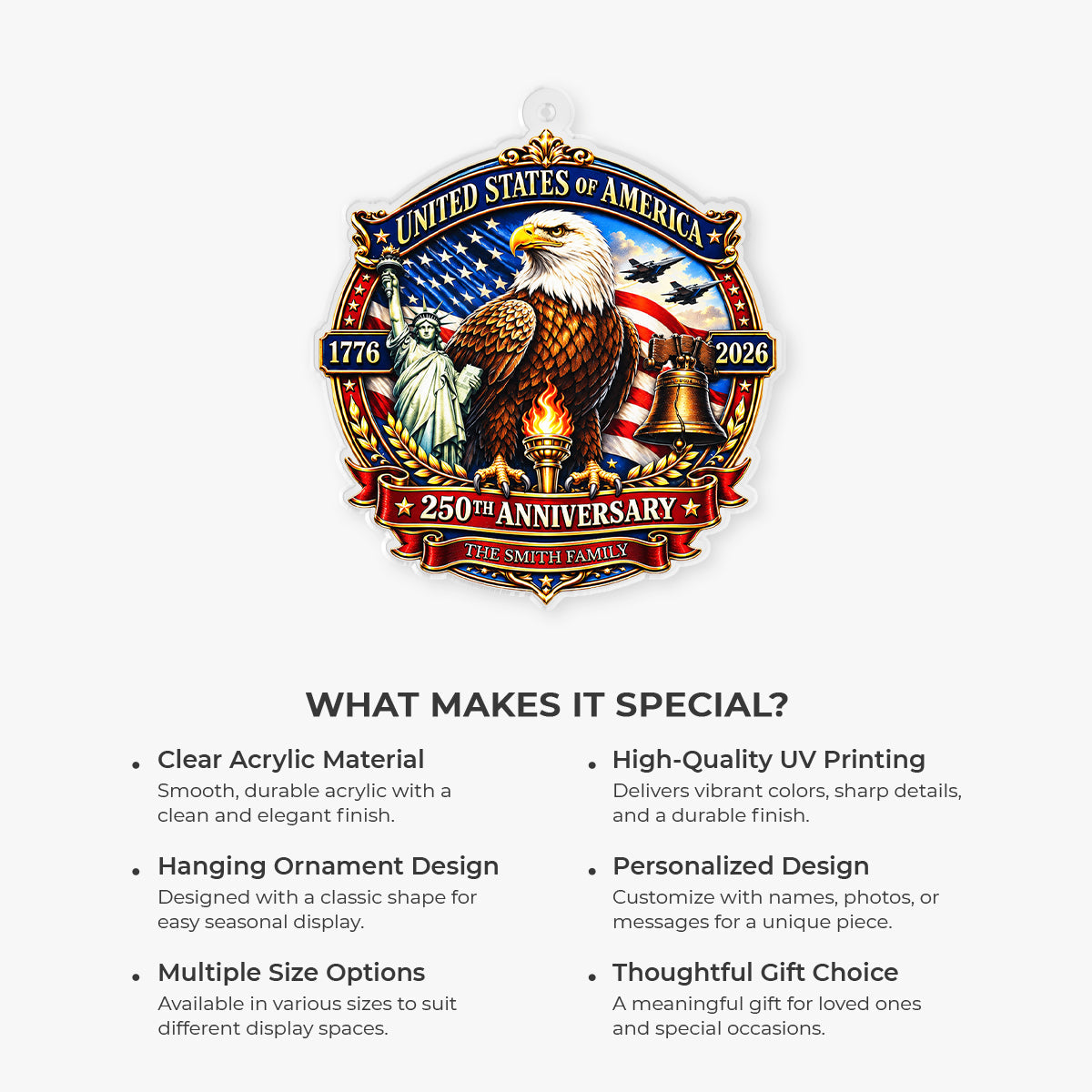 USA 250th Anniversary Eagle Acrylic Ornament - Personalized Patriotic Family Christmas Keepsake