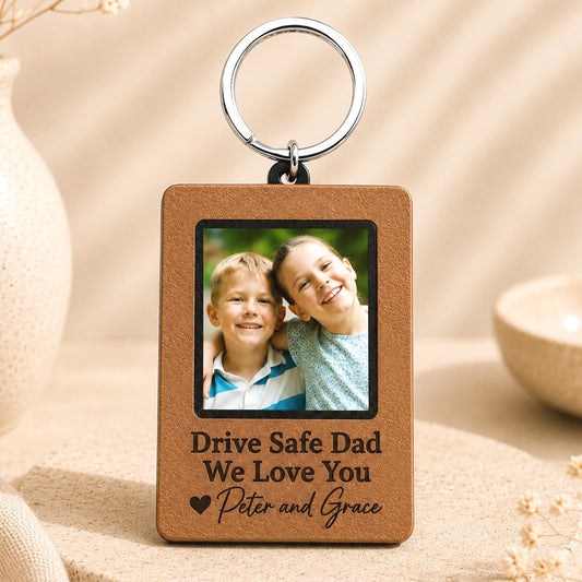 Personalized photo keychain for dad featuring a custom picture and drive safe text engraving