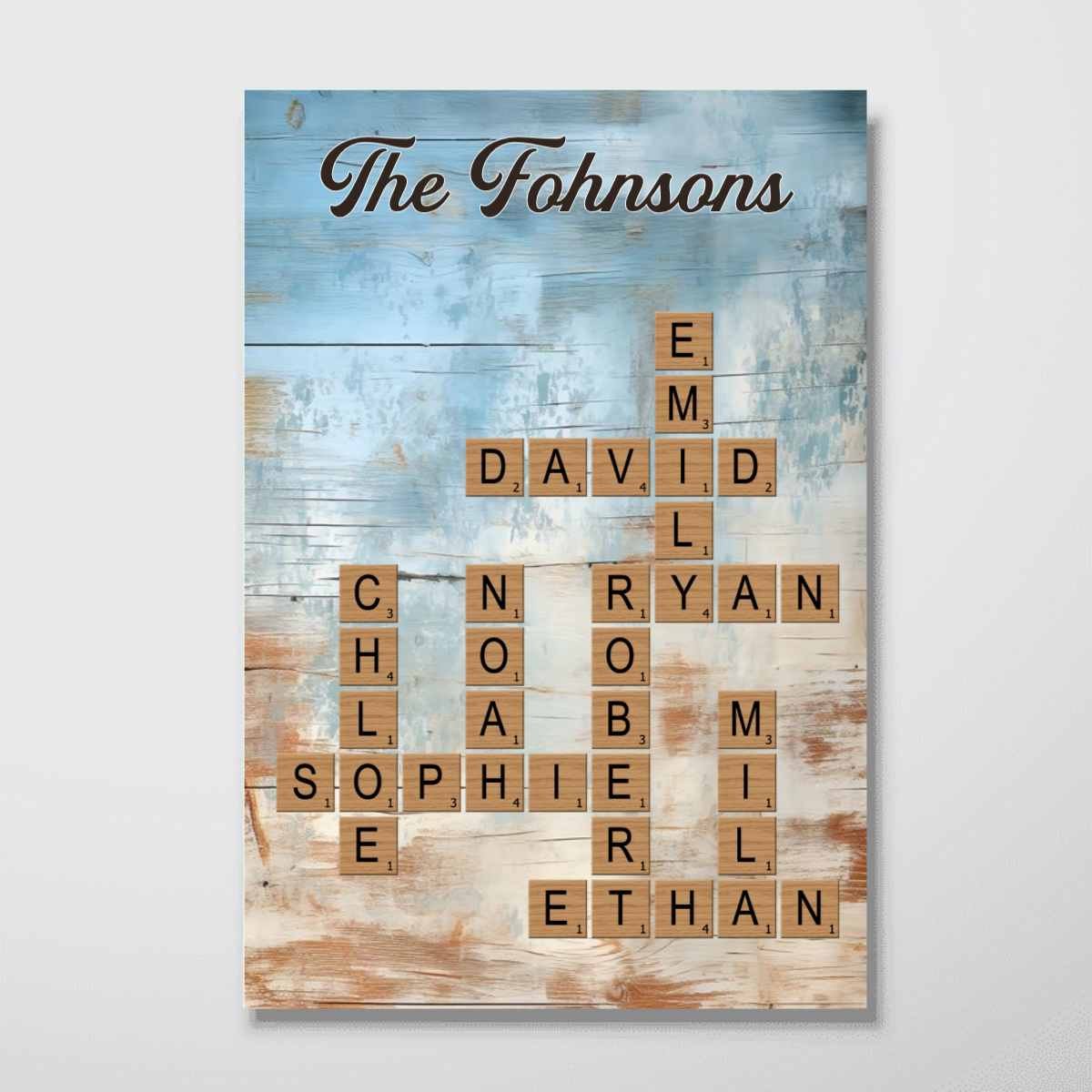 Family Crossword Puzzle Blue Rustic Wood Palette - Personalized Wall Art Home Decor Poster  / Canvas