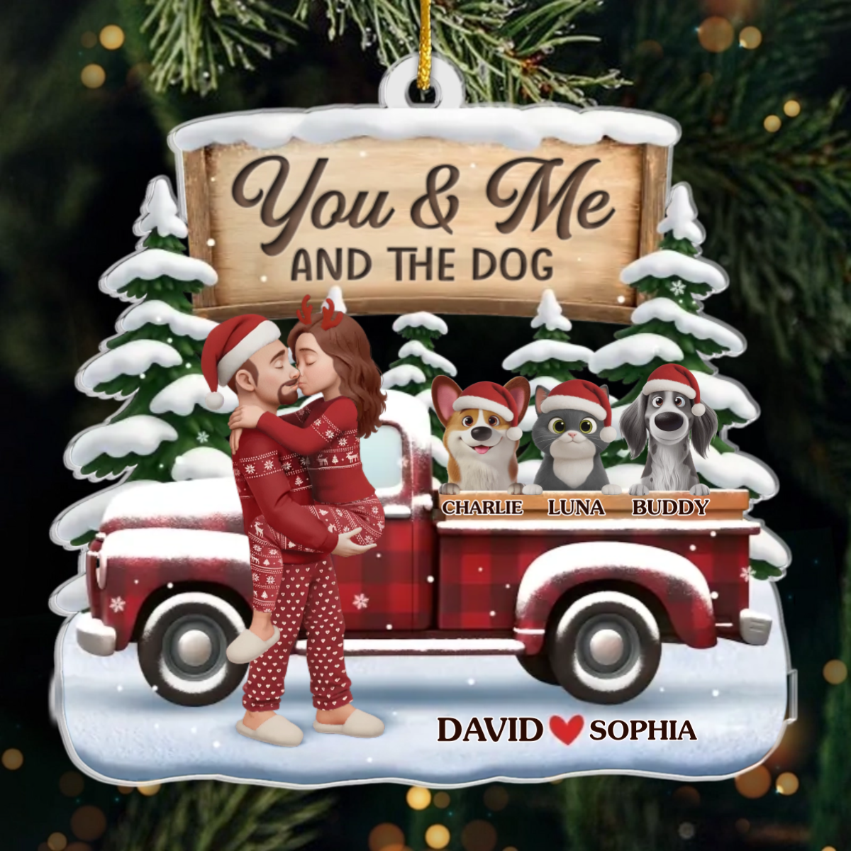 You & Me and the Fur Babies Personalized Acrylic Ornament - Christmas Keepsake for Couples and Pets
