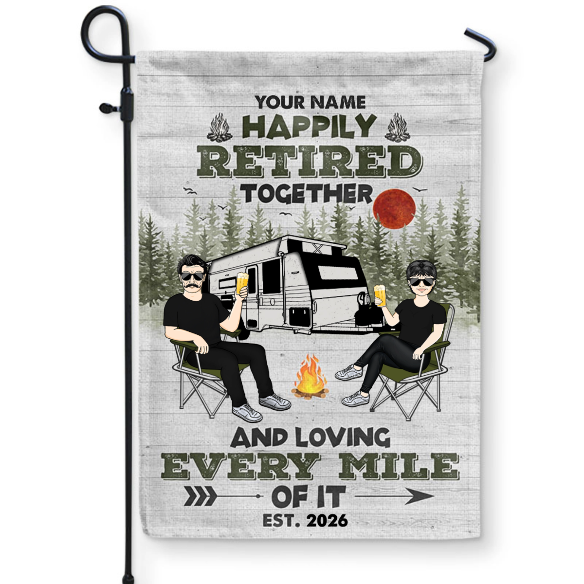 “Camping Happily Retired Together” Personalized Flag - Custom Garden Flag for Couple