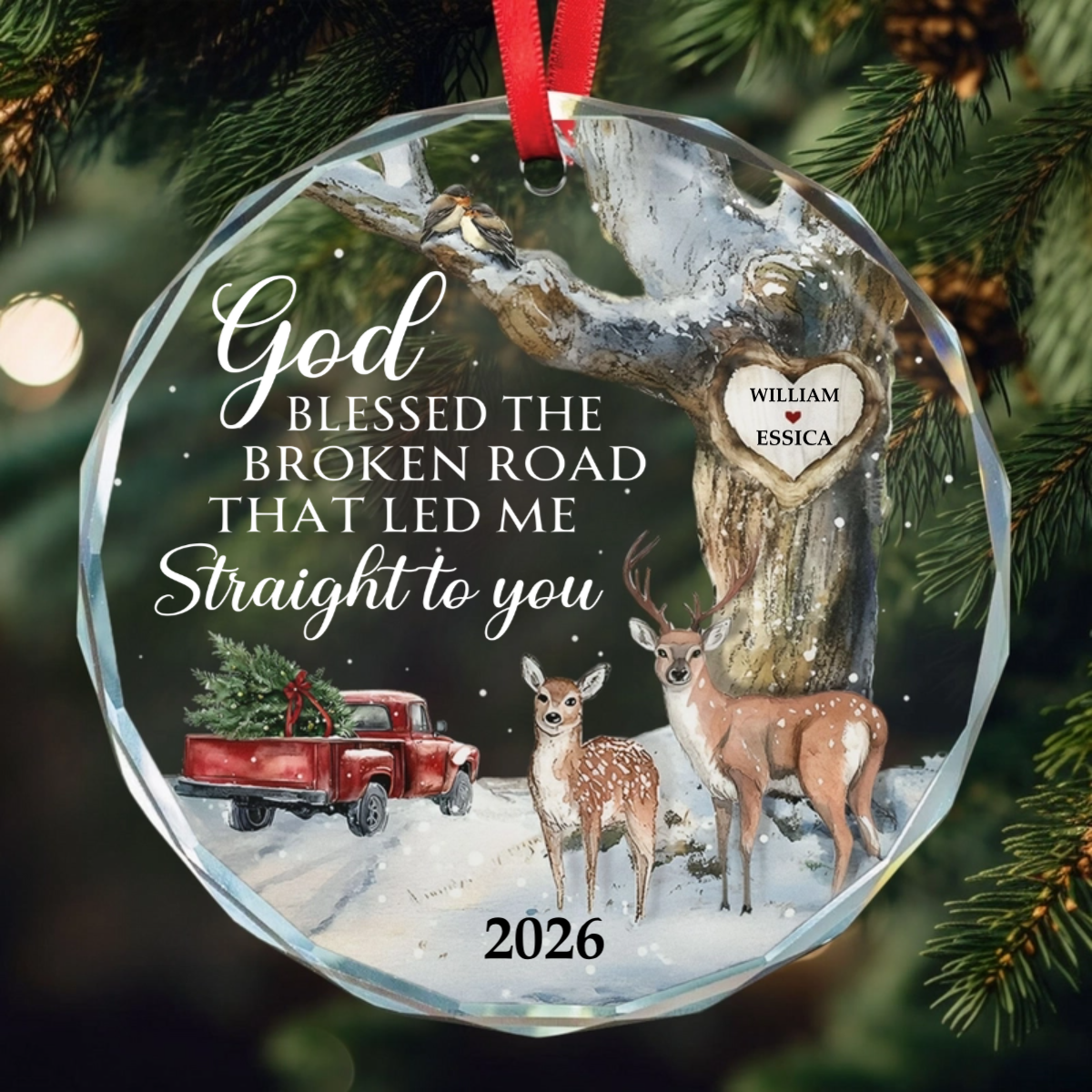 God Blessed The Broken Road Personalized Glass Ornament - Custom Couple Christmas Gift