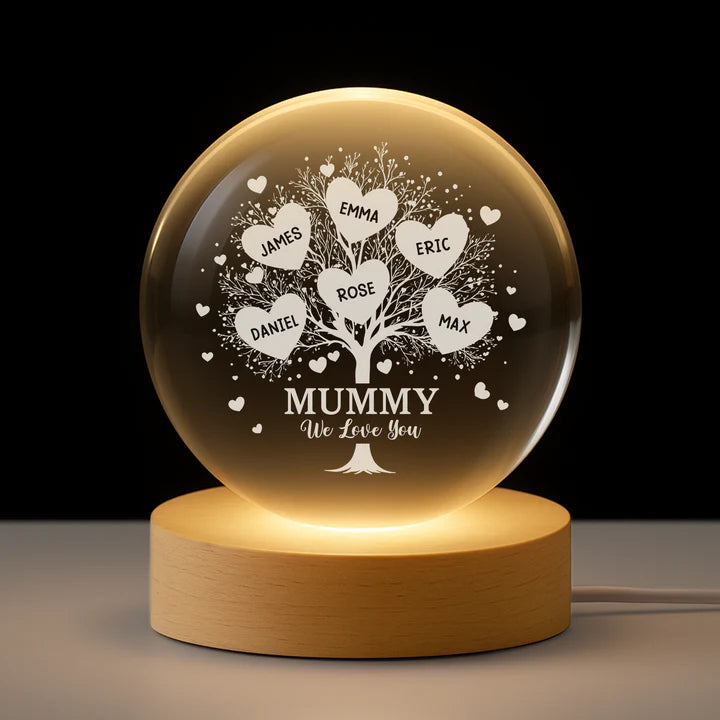 Personalised Family Tree Crystal Ball Lamp - Custom Gift for Mum & Dad