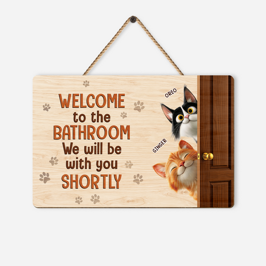 Personalized Welcome To The Bathroom Cat Wooden Sign - Custom Gifts for Cat Lovers