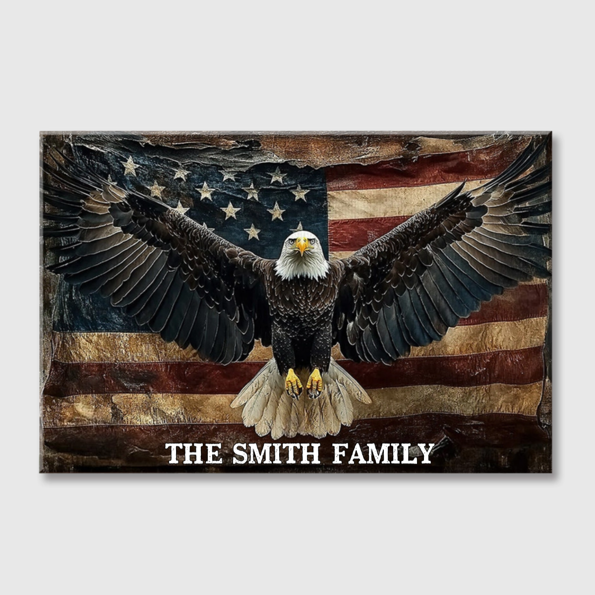 Custom Patriotic Family Name Canvas - Majestic Bald Eagle & American Flag Wall Art - Personalized Rustic Home Decor