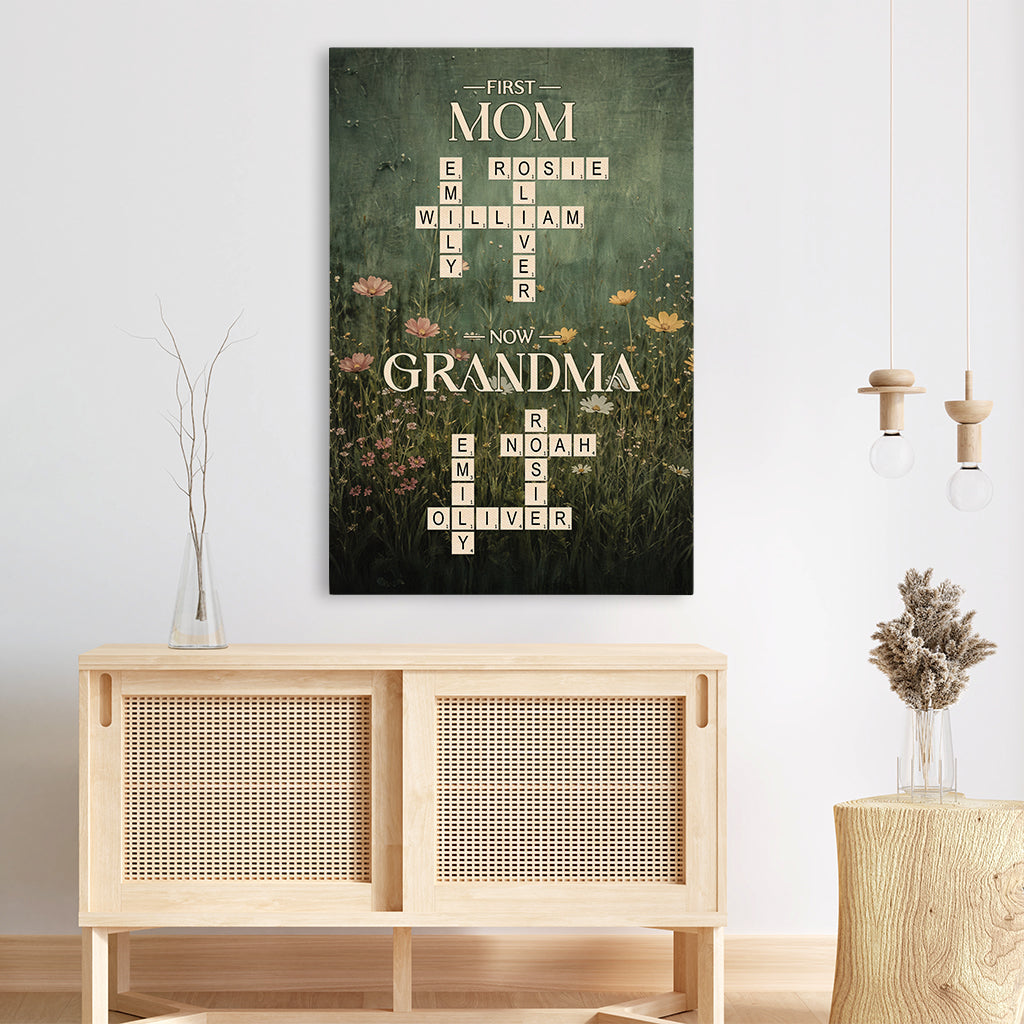 Personalized First Daddy Now Grandpa / First Mom Now Grandma Crossword Canvas - Custom Name Poster / Canvas - Heartfelt Grandparent Gifts