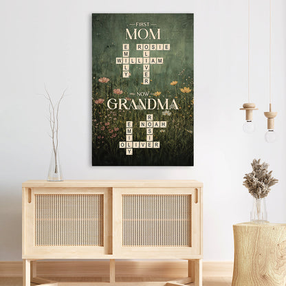 Personalized First Daddy Now Grandpa / First Mom Now Grandma Crossword Canvas - Custom Name Poster / Canvas - Heartfelt Grandparent Gifts