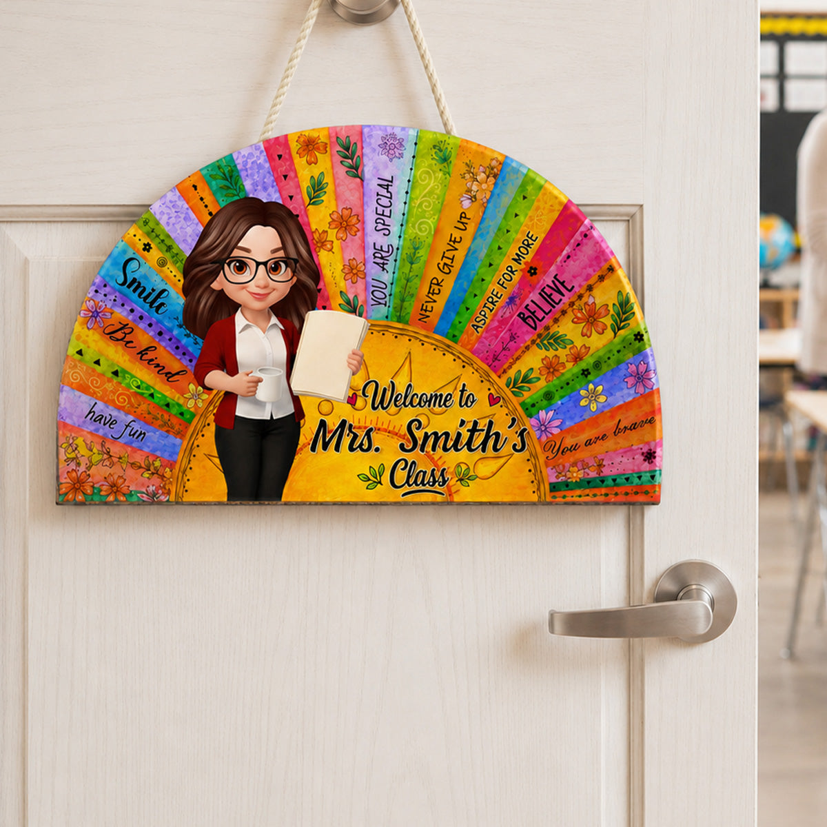 Personalized teacher door sign featuring a colorful boho sun and custom name - perfect classroom welcome hanger image 6