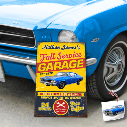 Custom Car Photo Full Service Garage Sign - Personalized Garage Metal Sign