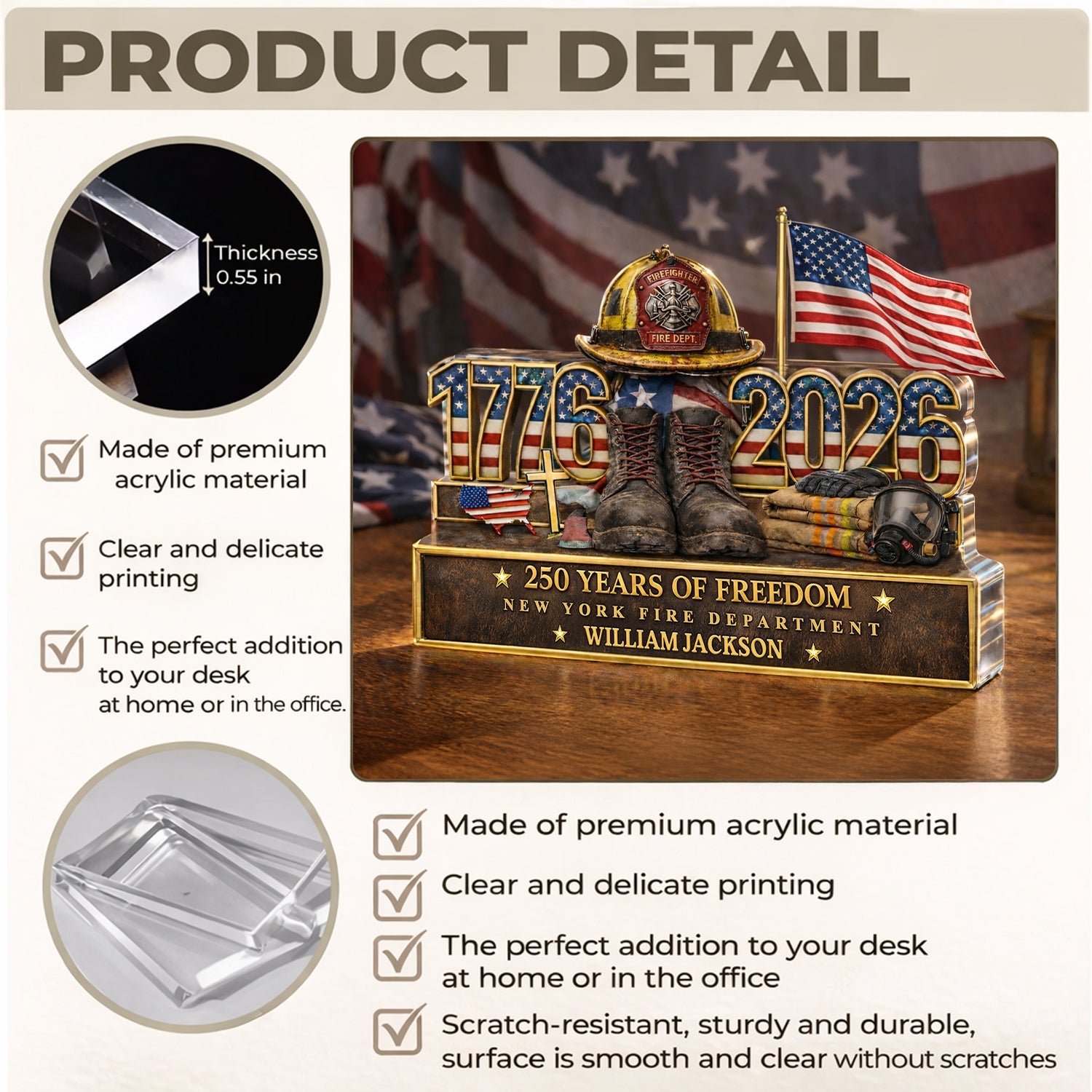 250 Years Of Freedom 1776–2026 - Personalized Acrylic Block Plaque