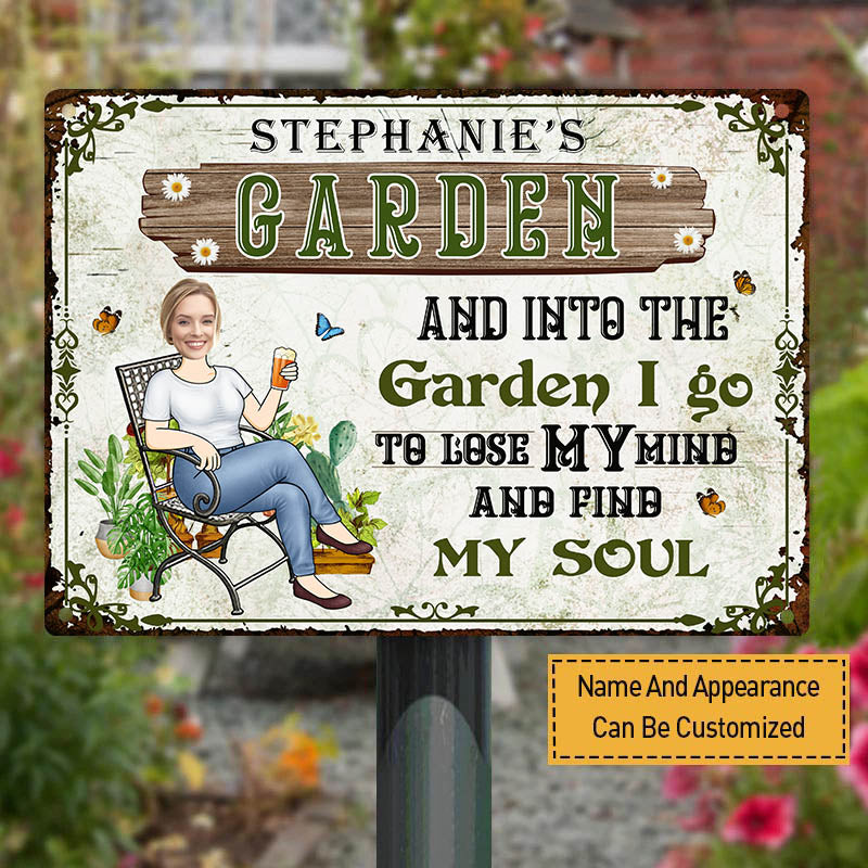 Custom Photo And Into The Garden I Go Gardening Girl - Personalized Custom Classic Garden Metal Signs