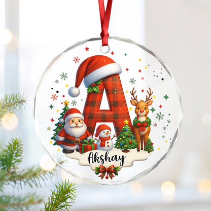 Personalized Christmas Glass Ornament with Buffalo Plaid Letter & Name - Custom Holiday Gift for Kids & Family