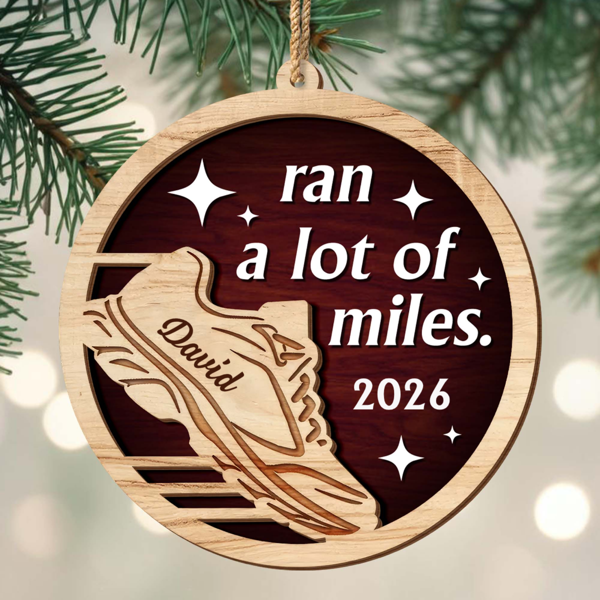 "Ran A Lot Of Miles" Personalized Wood Ornament - Custom Running Shoe Keepsake Gift for Runners and Athletes
