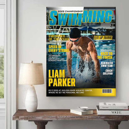 Personalized Swimming Magazine Cover Poster / Canvas - Custom Gift for Swimmers & Teams