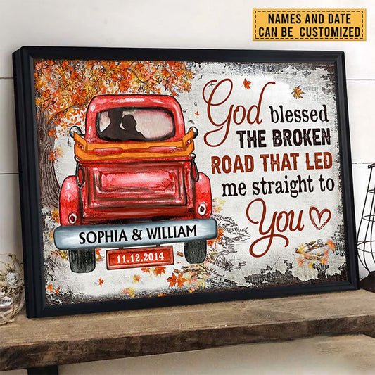 Personalized God Blessed The Broken Road Fall Leaves Custom Poster / Canvas - Gift For Husband Wife