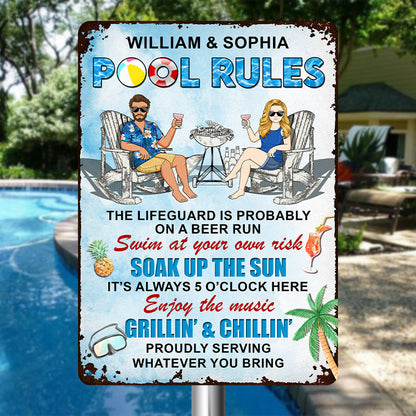 Pool Rules Enjoy The Music Grilling And Chilling - Personalized Custom Couples Metal Sign