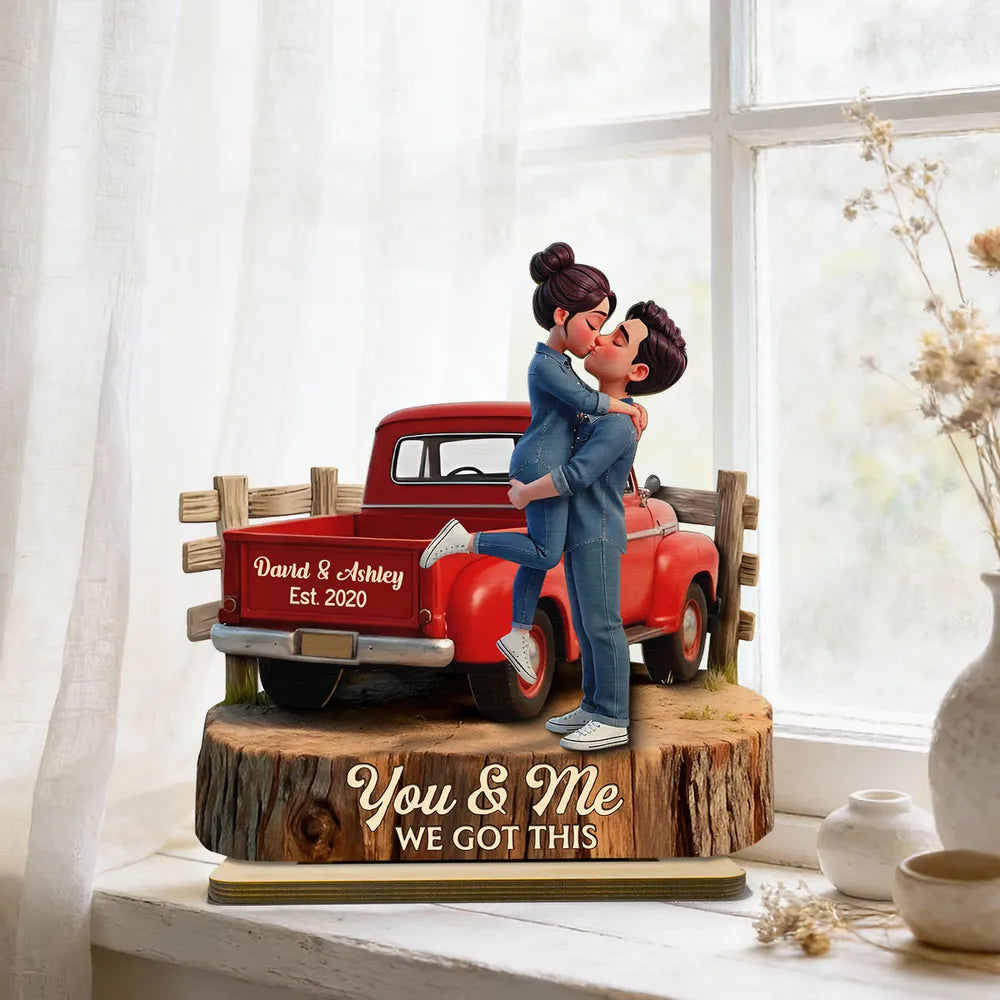 Kissing Couple in Red Pickup Truck - Personalized Wooden Plaque