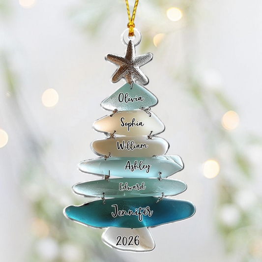 Personalized Sea Glass Christmas Tree Family Acrylic Ornament - Custom Beach Themed Keepsake Holiday Gift