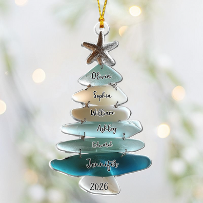 Personalized Sea Glass Christmas Tree Family Acrylic Ornament - Custom Beach Themed Keepsake Holiday Gift