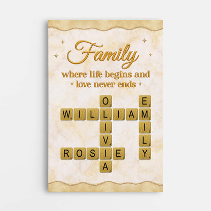 Family Where Life Begins And Love Never Ends - Personalised Custom Crossword Canvas / Poster