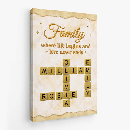 Family Where Life Begins And Love Never Ends - Personalised Custom Crossword Canvas / Poster