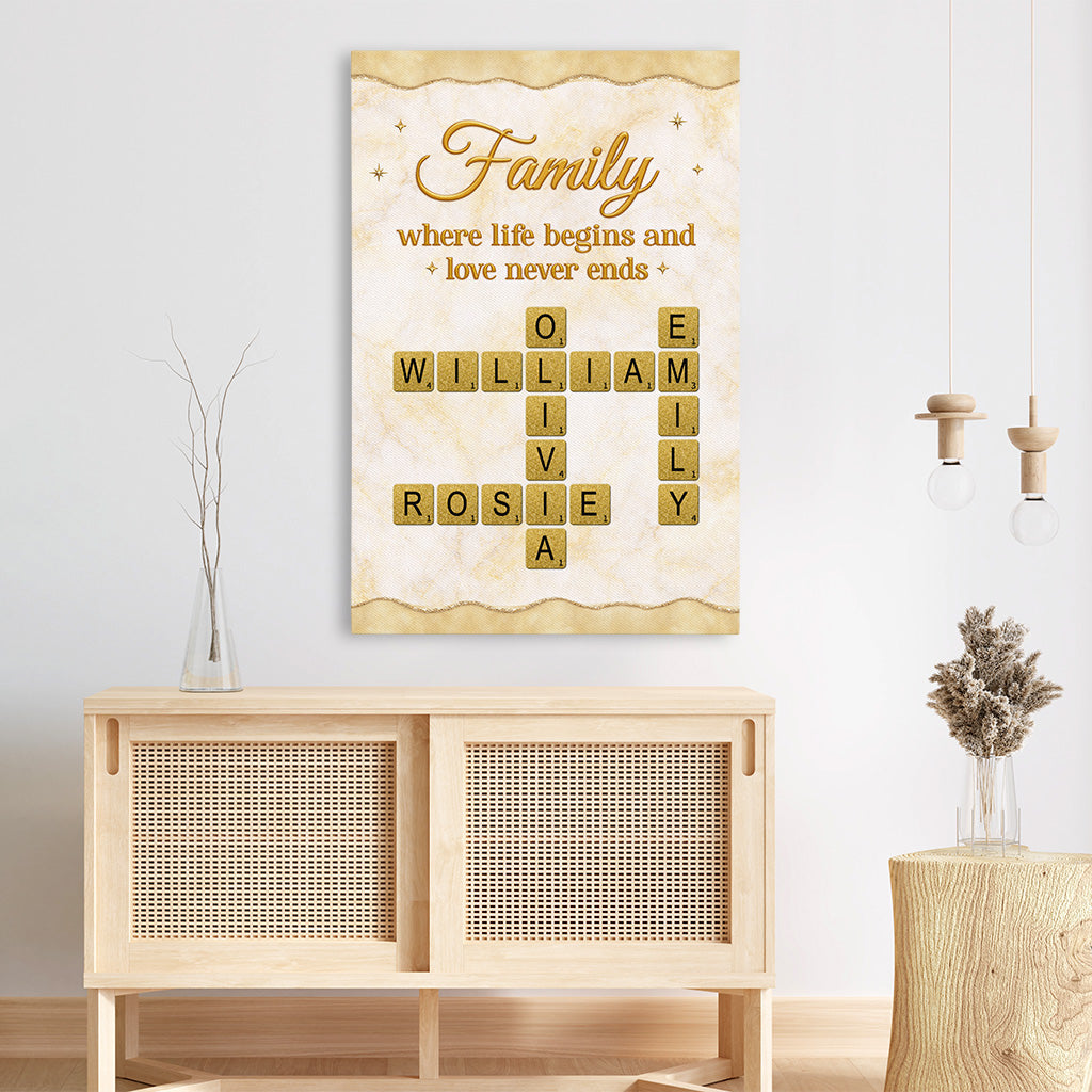 Family Where Life Begins And Love Never Ends - Personalised Custom Crossword Canvas / Poster