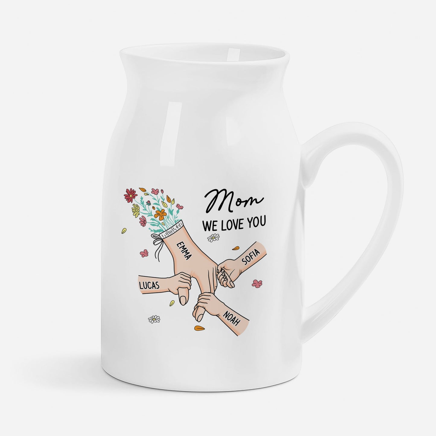 Personalized “Hand In Hand” Ceramic Flower Vase - Custom Family Gift for Mom & Grandma