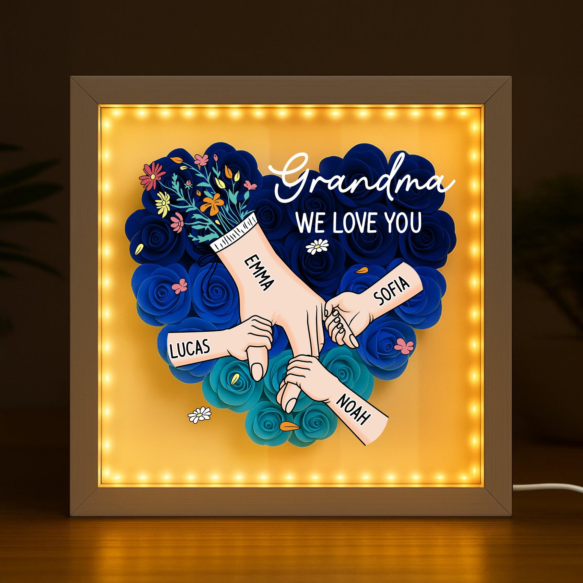 Personalized Hand In Hand Flower Shadow Box - Custom Name Gift for Mom and Grandma - Mother’s Day or Birthday Present