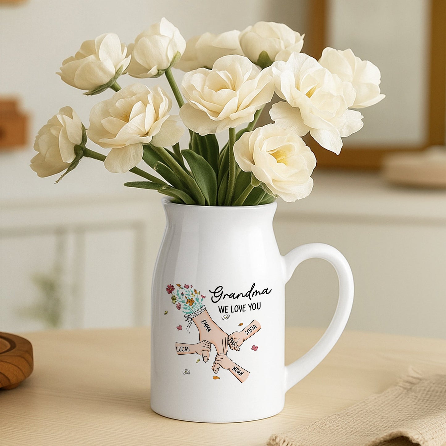 Personalized “Hand In Hand” Ceramic Flower Vase - Custom Family Gift for Mom & Grandma