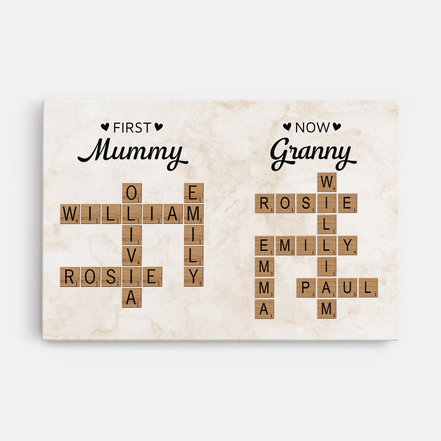“First Mum Now Grandma” Personalised Canvas / Poster - Custom Crossword Name Wall Art