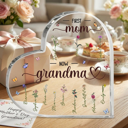 Personalized 'First Mom Now Grandma' Acrylic Heart Plaque with Grandchildren's Names