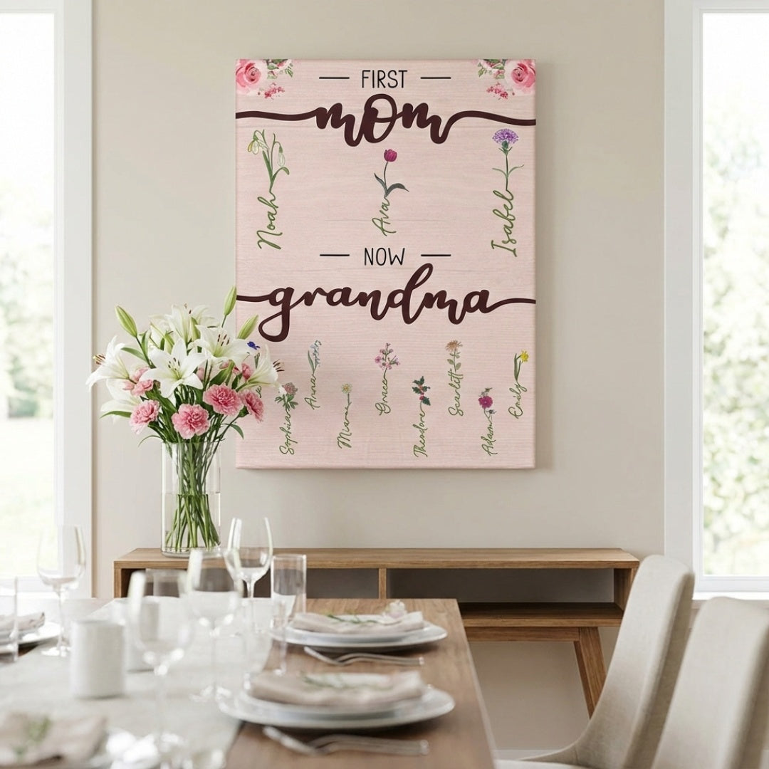 Heartfelt 'First Mom Now Grandma' Personalized Canvas with Birth Flowers
