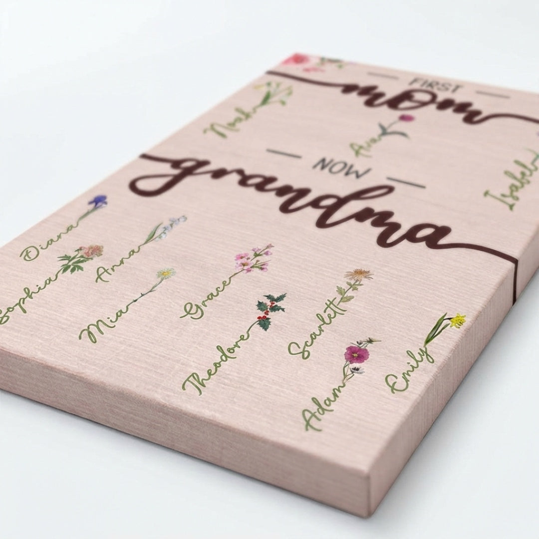 Heartfelt 'First Mom Now Grandma' Personalized Canvas with Birth Flowers