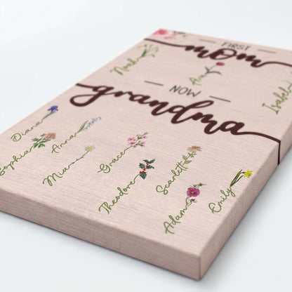 Heartfelt 'First Mom Now Grandma' Personalized Canvas with Birth Flowers