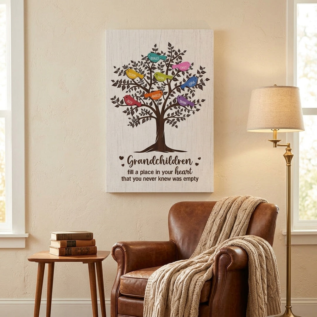 Personalized Family Tree Canvas: 'Grandchildren Fill Your Heart'