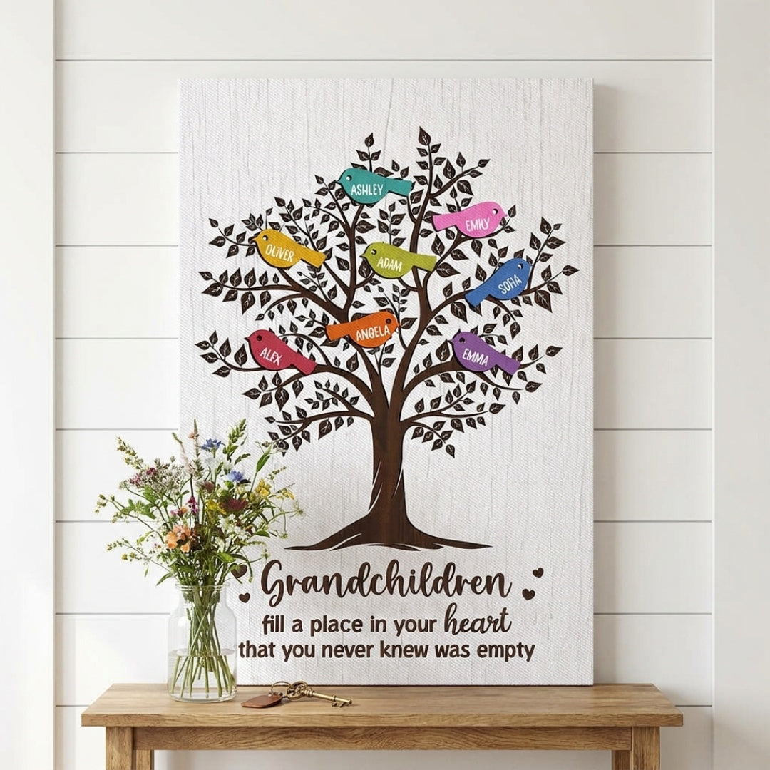 Personalized Family Tree Canvas: 'Grandchildren Fill Your Heart'
