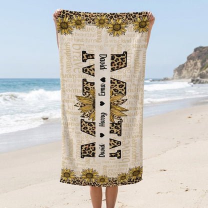 Personalized 'MOM: Strong & Kind' Sunflower Leopard Yoga Towel Beach Towel