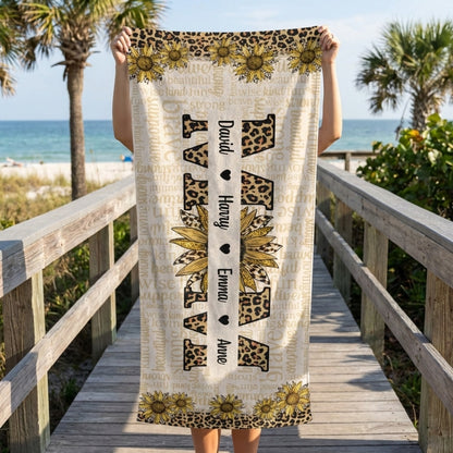 Personalized 'MOM: Strong & Kind' Sunflower Leopard Yoga Towel Beach Towel