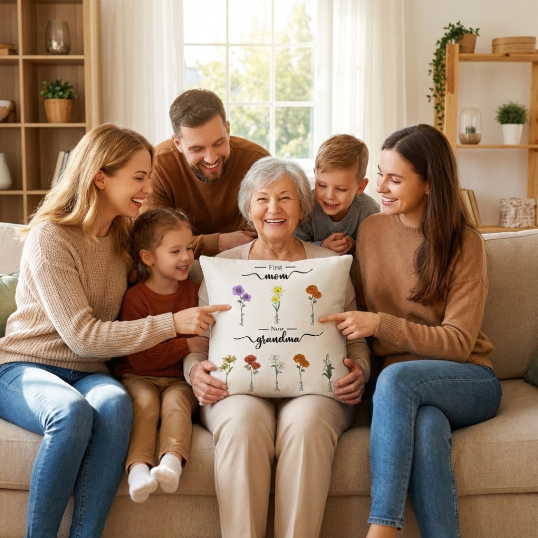 Unique Personalized 'First Mom Now Grandma' Birth Flower Keepsake Pillow