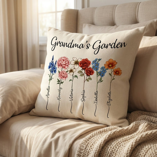 Personalized Grandma's Garden Birth Flower Pillow - Custom Keepsake Gift