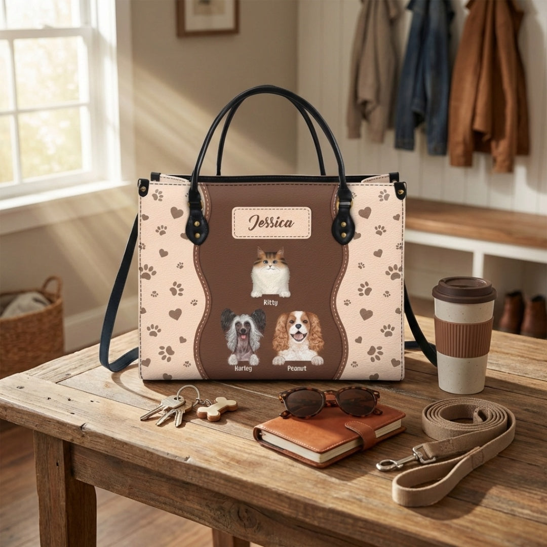 Custom Personalized Pet Portrait Leather Tote Bag for Cat & Dog Moms