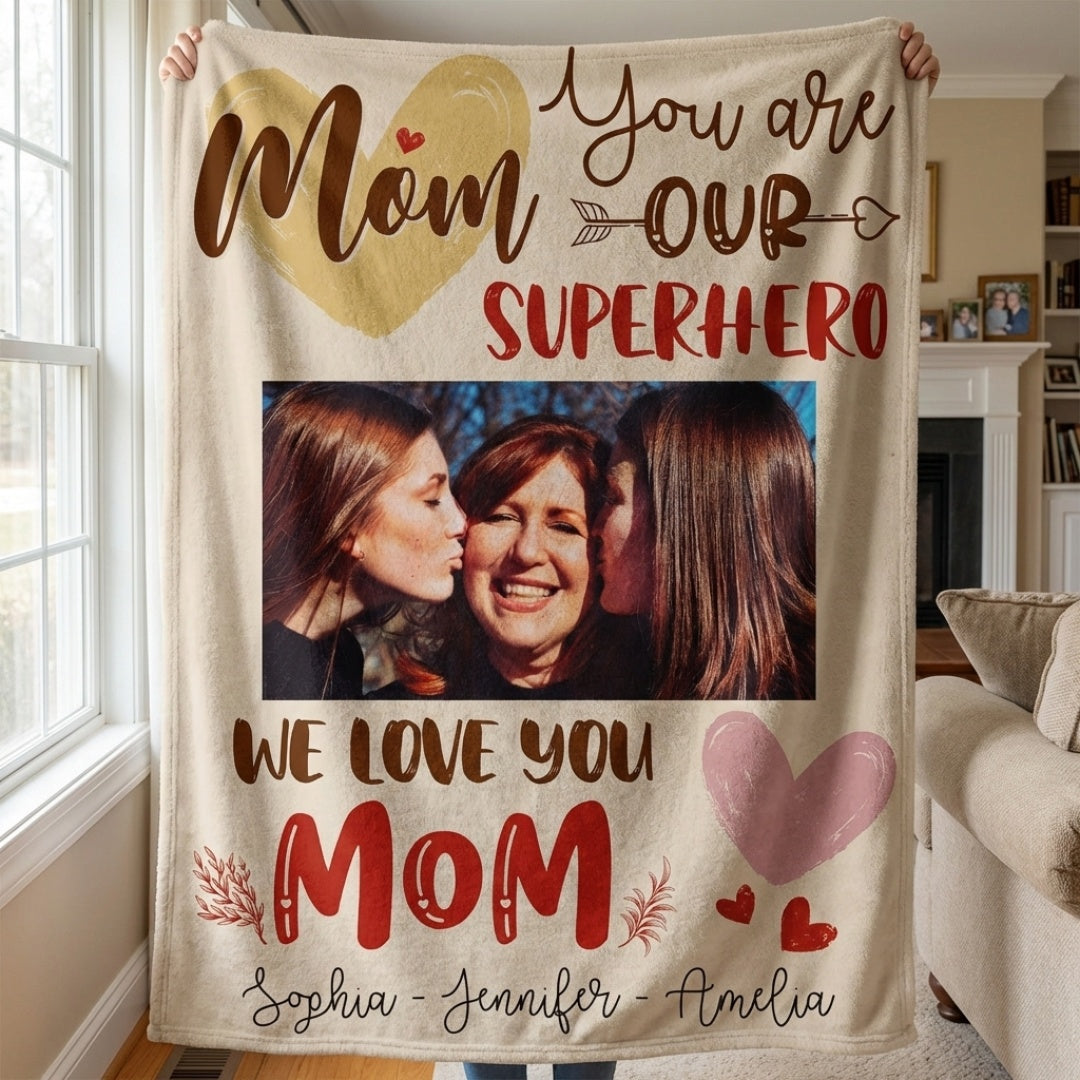 Heartfelt 'Mom Our Superhero' Custom Photo Blanket - Personalized Gift for Mom.