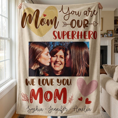 Heartfelt 'Mom Our Superhero' Custom Photo Blanket - Personalized Gift for Mom.