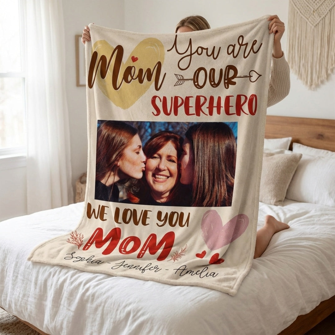 Heartfelt 'Mom Our Superhero' Custom Photo Blanket - Personalized Gift for Mom.