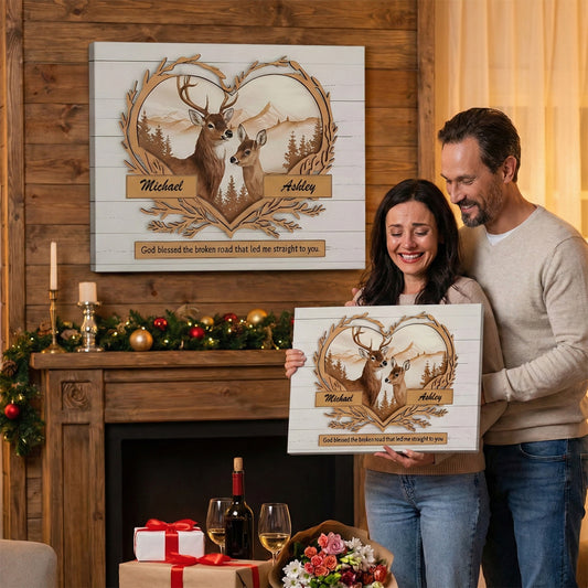 Heartfelt Personalized Canvas / Poster for Couples - 'God Blessed the Broken Road' Deer Art