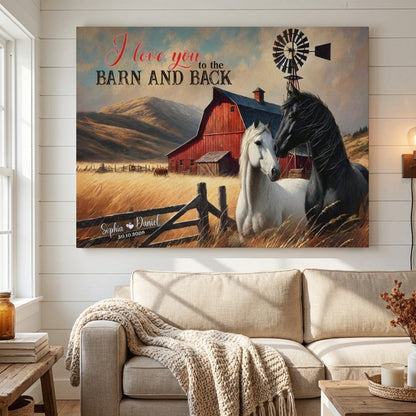 Personalized Couple Horse Canvas Art - 'I Love You To The Barn And Back'