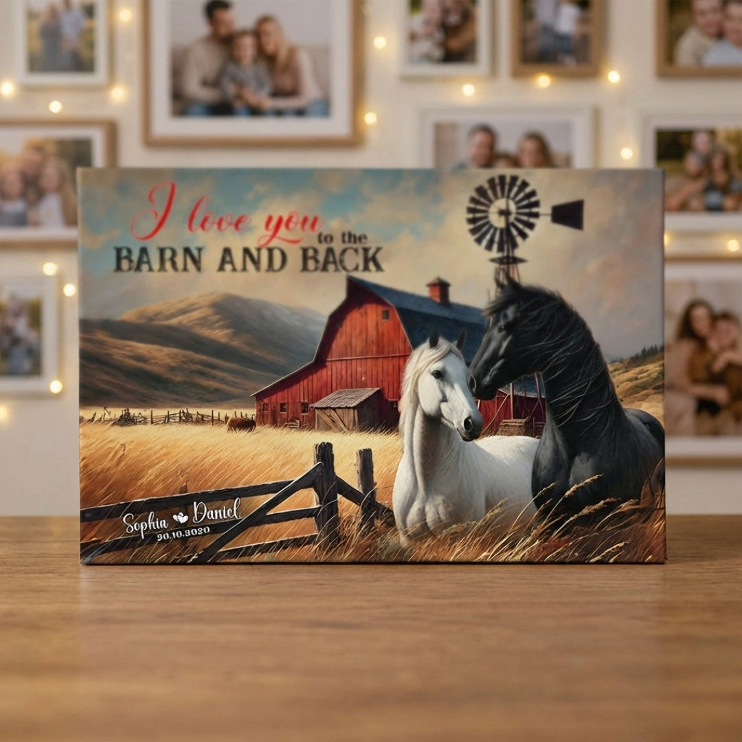 Personalized Couple Horse Canvas Art - 'I Love You To The Barn And Back'
