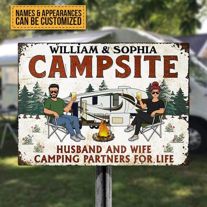 Let's Sit By The Campfire Husband Wife - Camping Signs - Camping Gift For Couple - Personalized Custom Classic Metal Signs