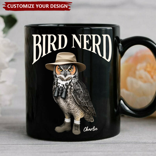 Bird Nerd” Funny Personalized Black Mug - Gift for Bird Watchers & Twitchers