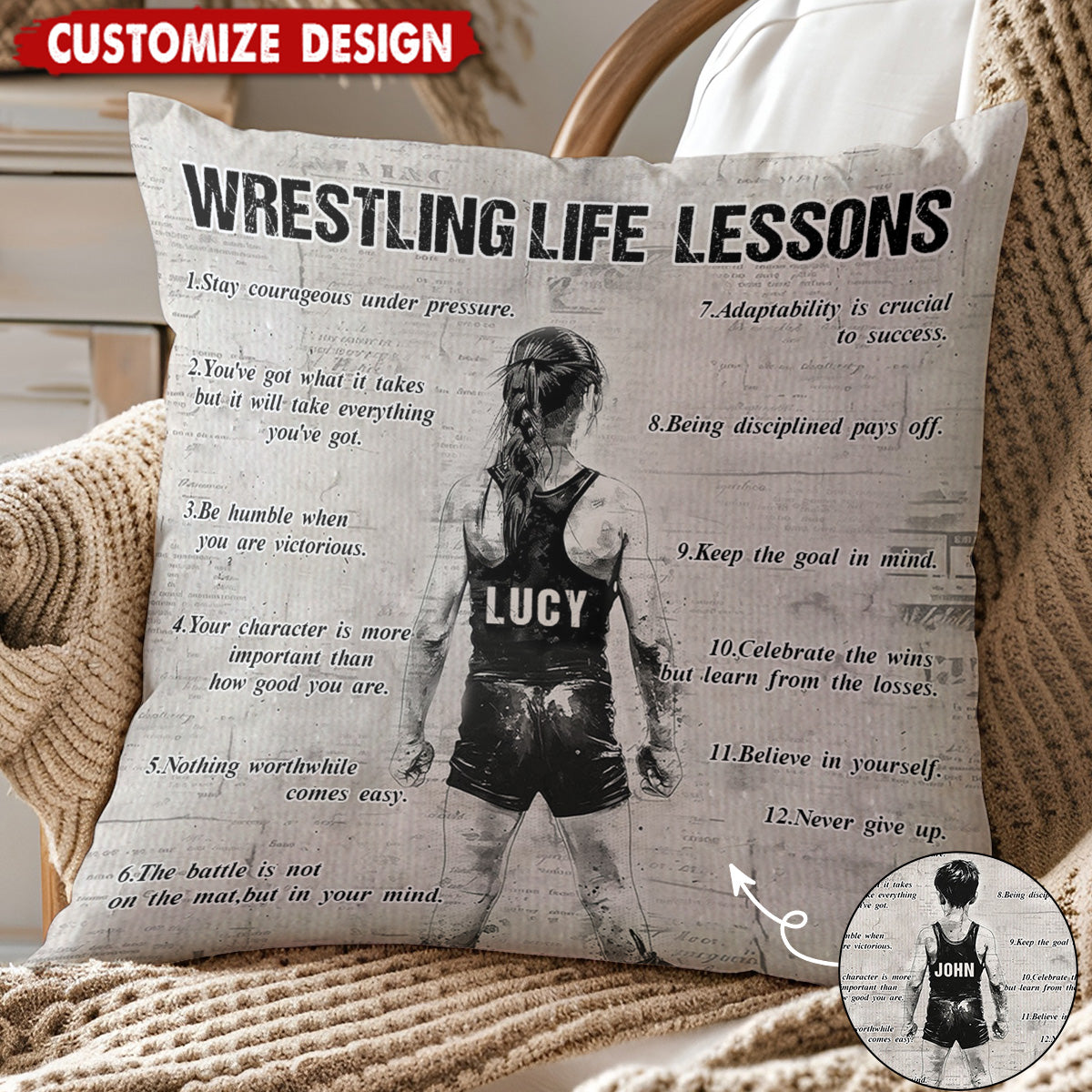 “Wrestling Life Lessons” Personalized Pillow - Custom Gift for Wrestlers & Teammates